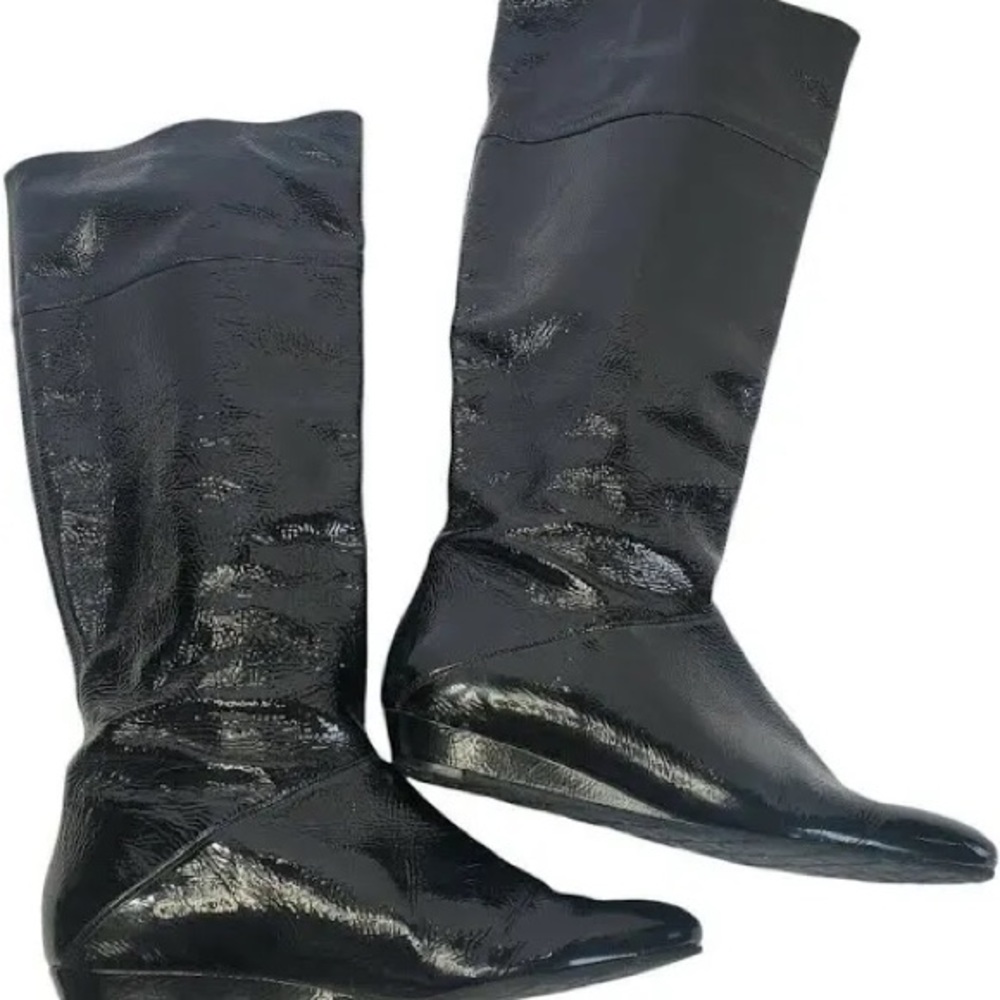 Women's Delman Black Patent Leather Tall Boots Size 8.5 Wedge Almond Toe Pull On